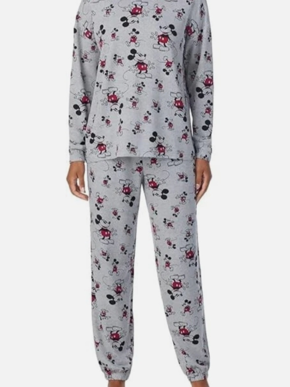 Disney Women's 2-Piece Cozy Mickey Mouse Pajama Set, featuring a soft gray fabri